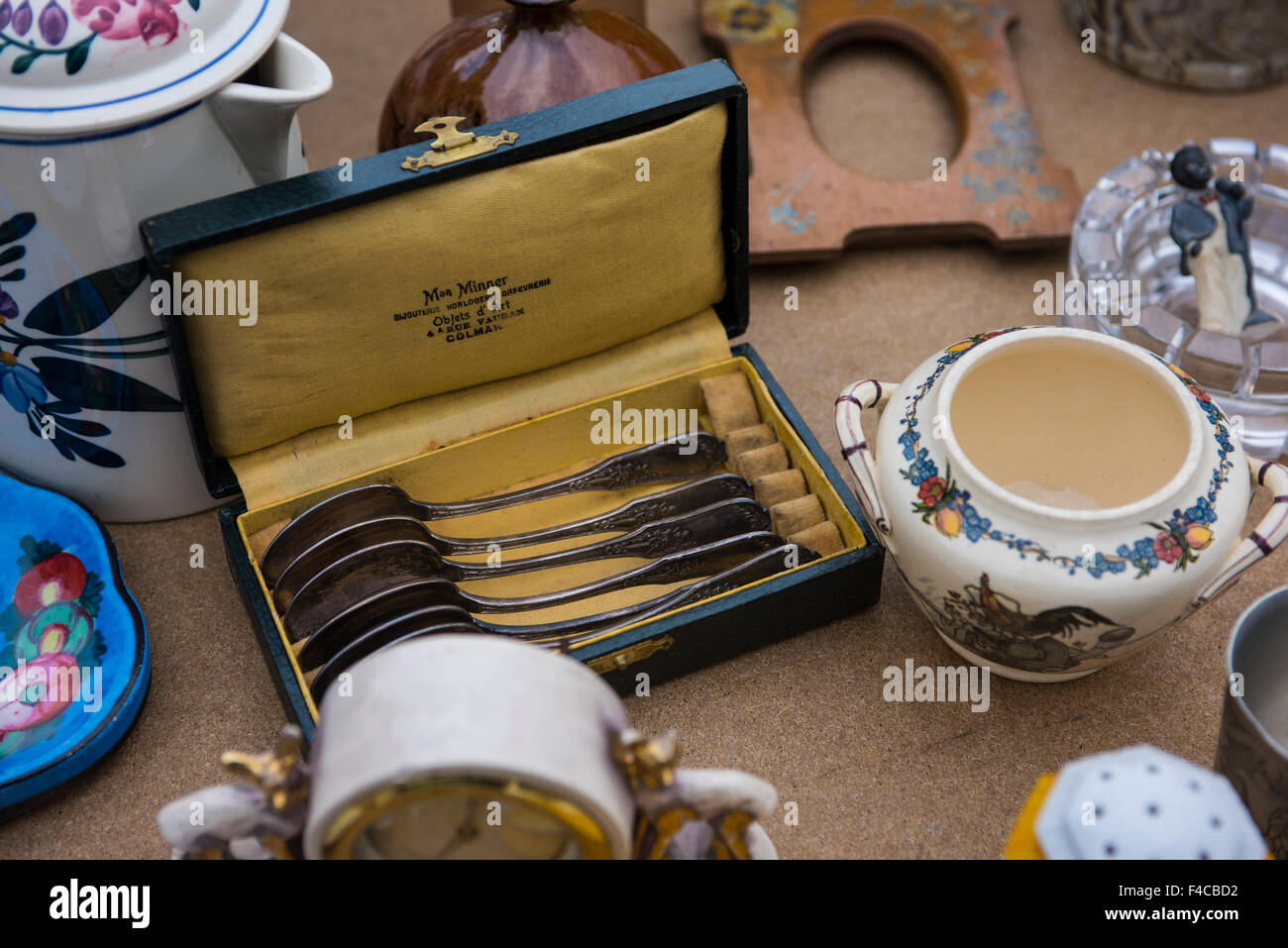 Silver spoons for sale at street-market in Strasbourg's Petite France district, October 2015 Stock Photo