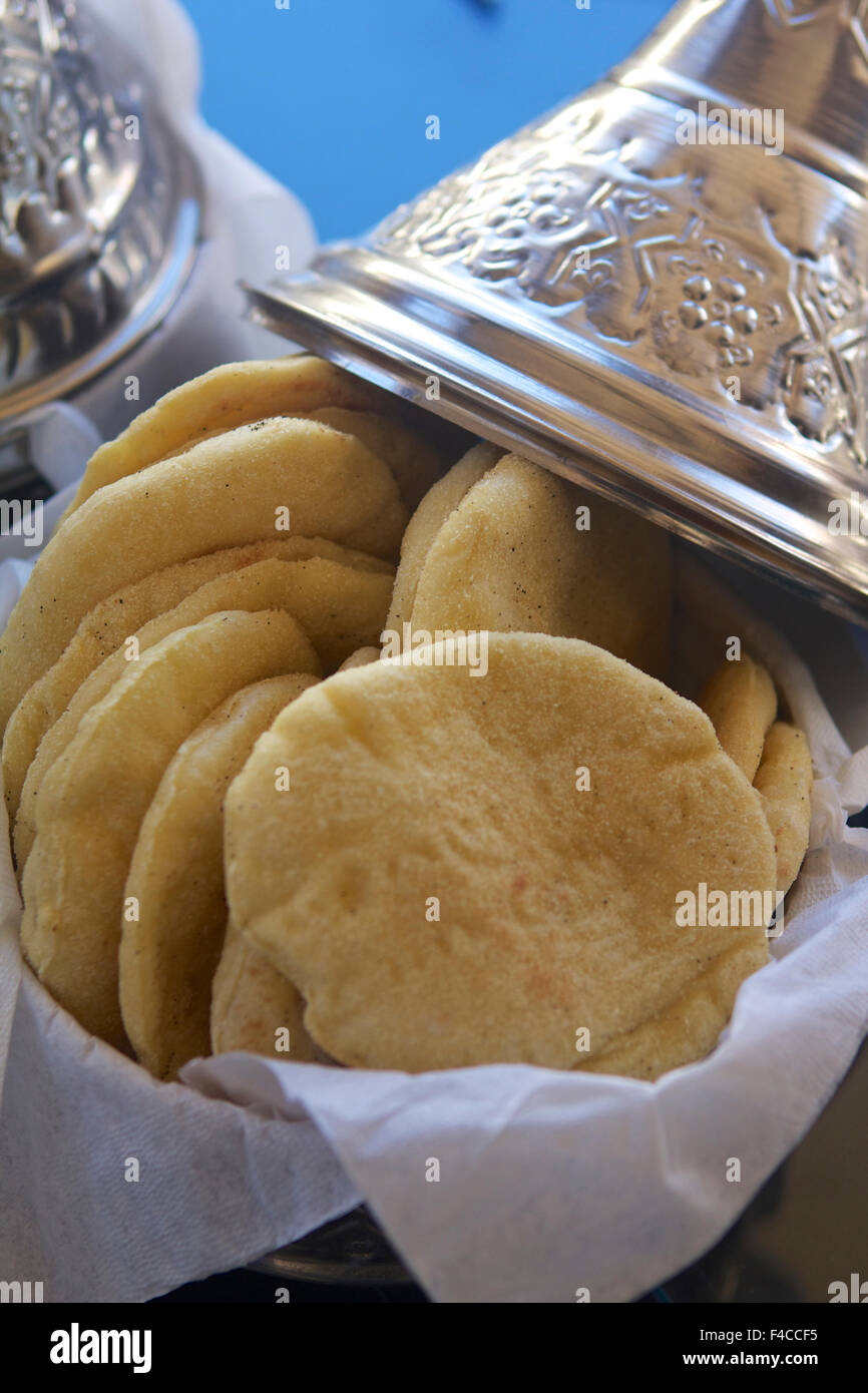 Morocco, Ouarzazate. Batbout is a typical pita-like Moroccan bread cooked on the stove. Stock Photo