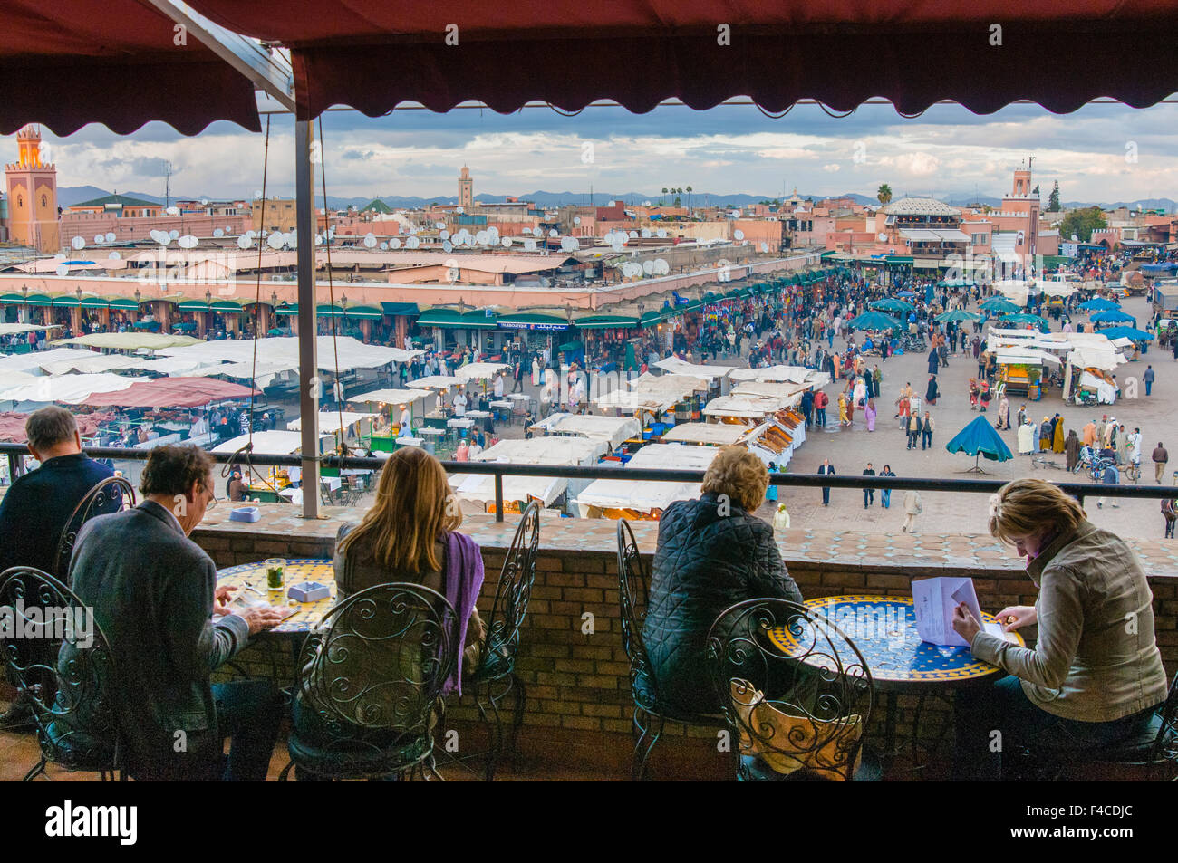 View of Place Jemaa El Fna from the terrace of Cafe' Glacier, Place Jemaa El Fna (Djemaa El Fna), Marrakech, Morocco. Stock Photo