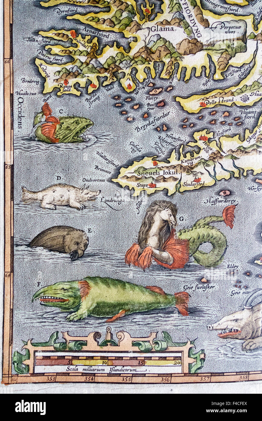 A detail of a map of Iceland, complete with sea monsters, from a collection of maps by Abraham Ortelius (the Theatrum Orbis Terrarum) published in 1590. The original is thought to have been drawn by Bishop Gudbrandur. This copy is in the library of Wells Cathedral, UK. Stock Photo