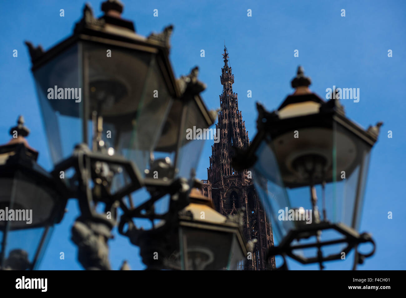 Strasbourg  Cathedral  peeps  through  streetlights Stock Photo