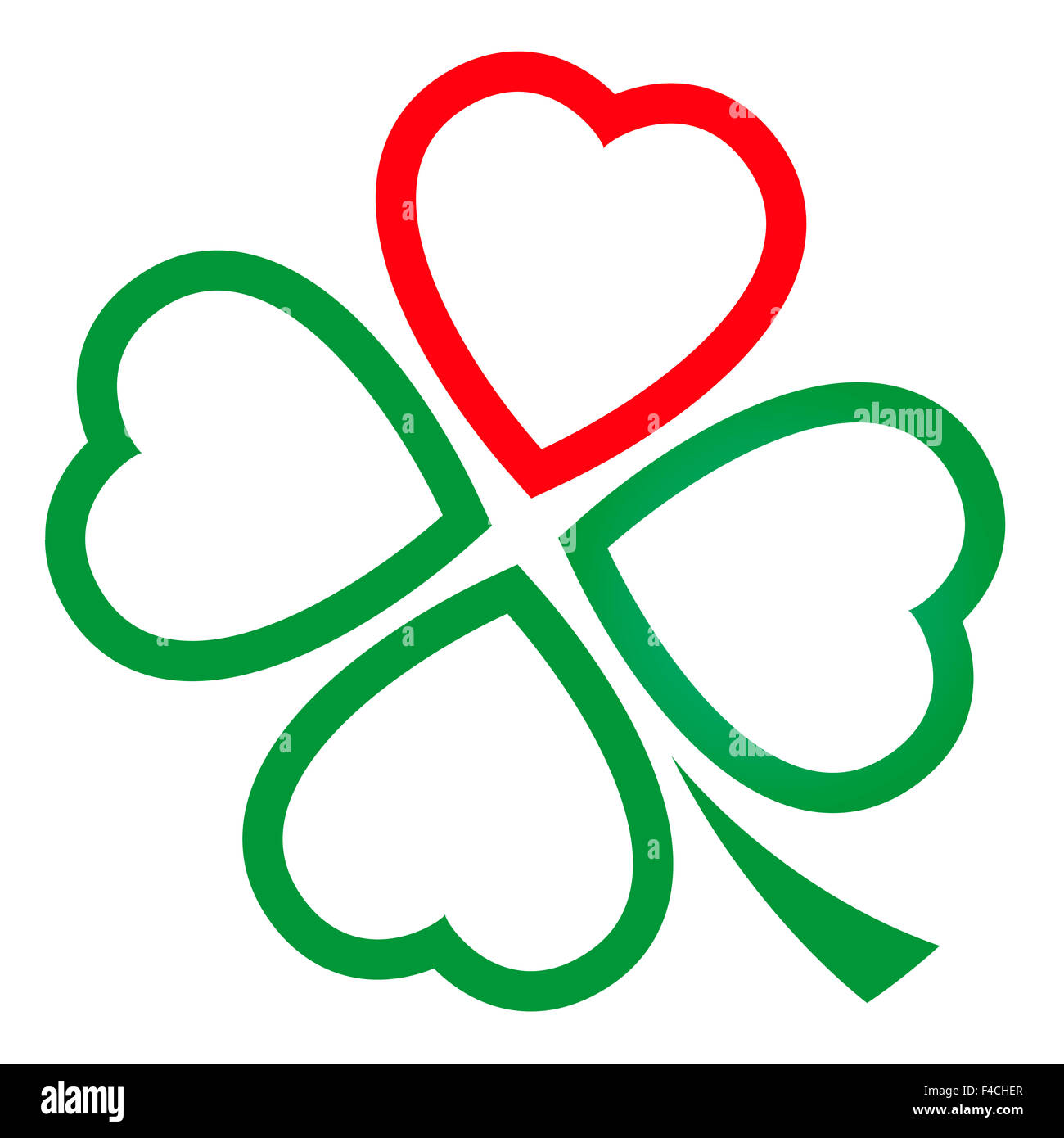Cloverleaf made of one red heart and three green hearts. Illustration over white background. Stock Photo