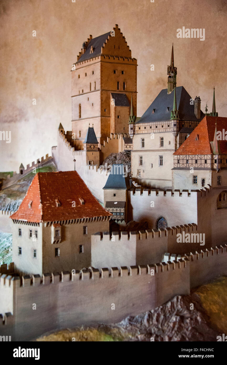 Replica - model of Karlstein castle, hrad Karlštejn Burg Karlstein is a large Gothic castle founded 1348 AD by Charles IV Karel Stock Photo