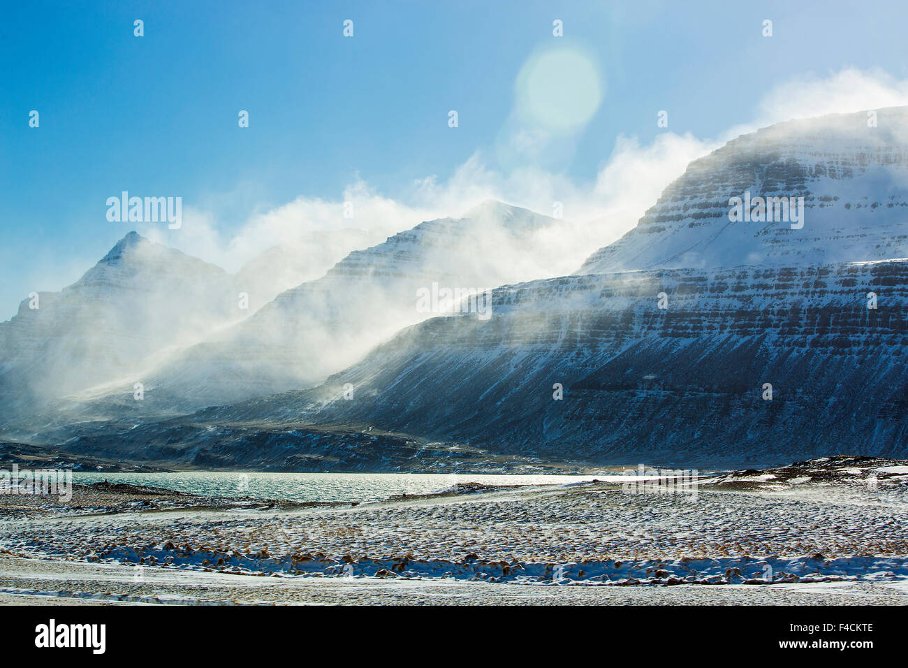 Snowy mountain landscape in East Iceland, wintertime Stock Photo