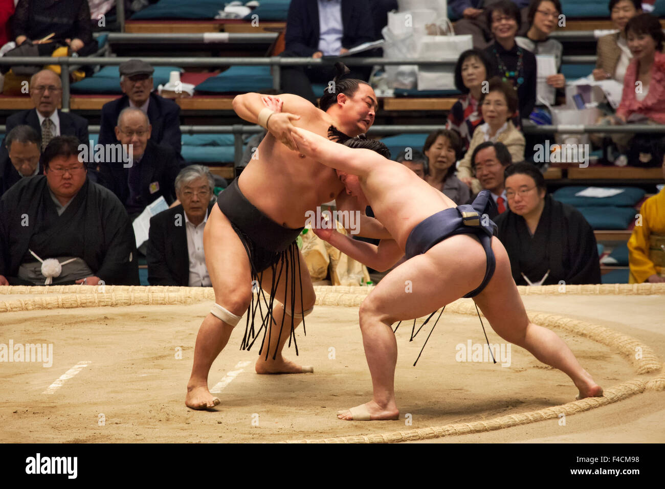 Asia, Japan, Osaka. Champion sumo wrestlers in match. Credit as Dennis