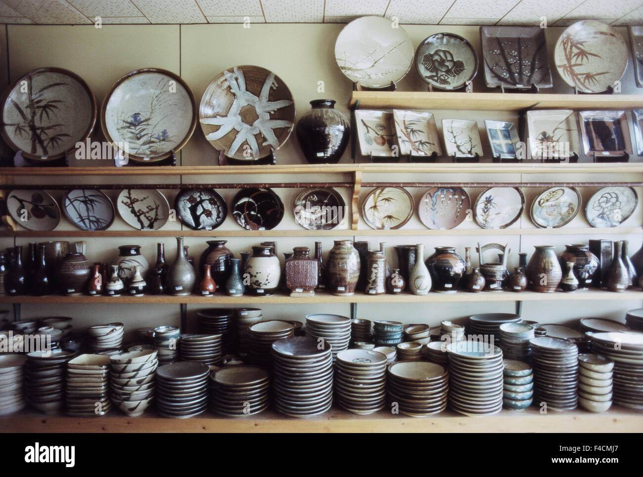 Japan, Mashiko, Stack of folk art pottery (Large format sizes available) Stock Photo