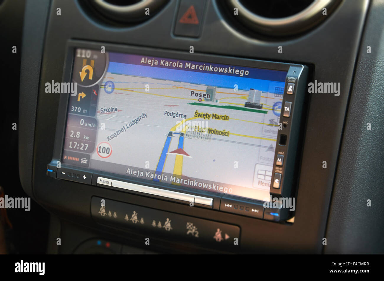 POZNAN, POLAND - AUGUST 20, 2015: GPS navigation in interior of modern car, navigation on the streets of Poznan Stock Photo