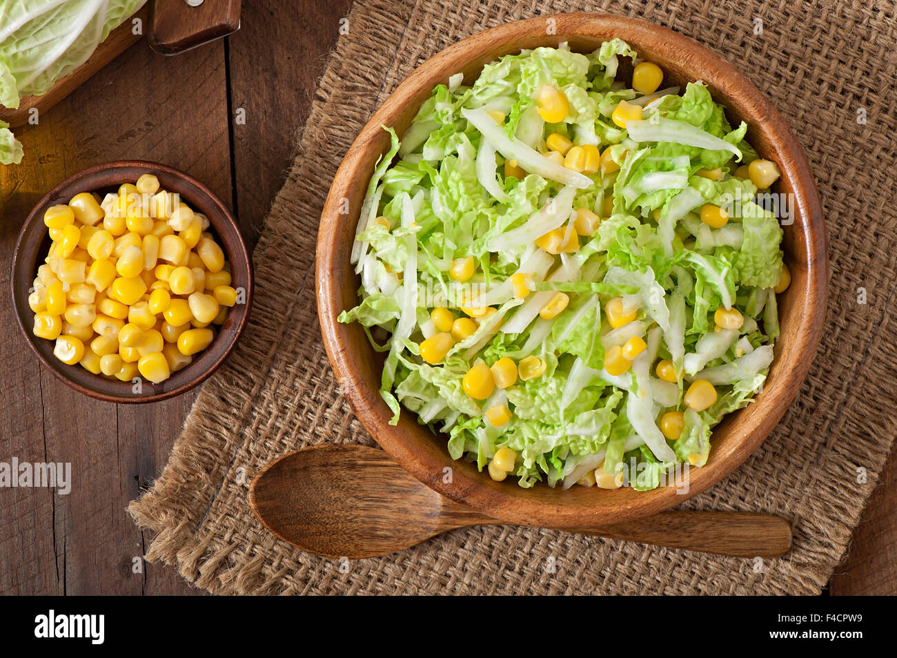 Chinese Cabbage Salad With Sweet Corn In A Wooden Bowl Stock Photo Alamy