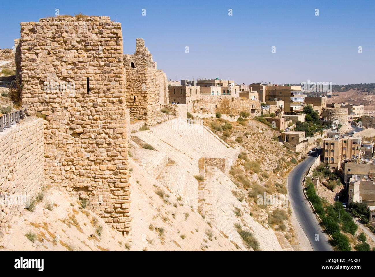 Walls of the crusader fort of Kerak Castle, Kerak, Jordan Stock Photo ...