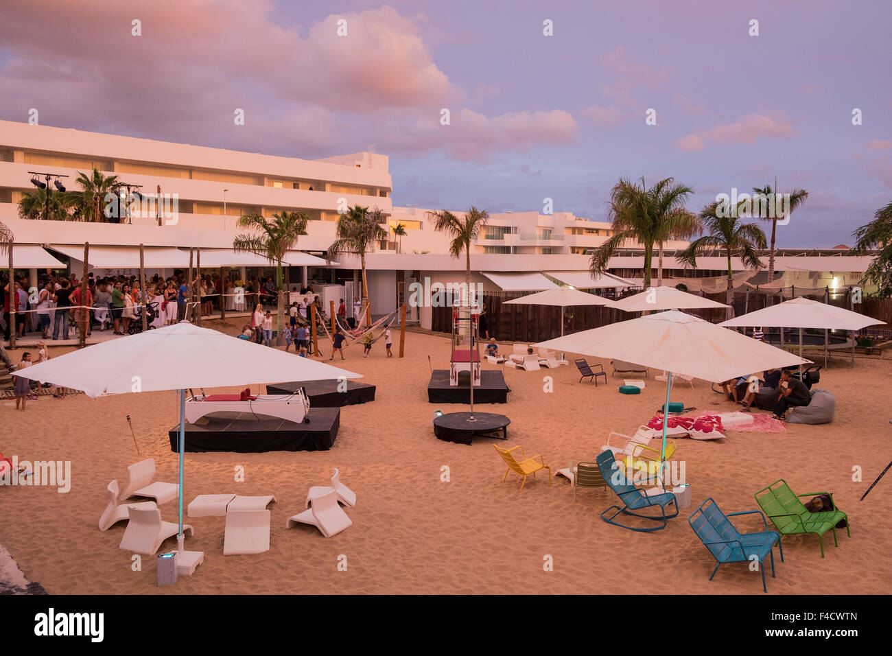 Artifical beach at the Activate sports club in Baobab Suites five star resort in Costa Adeje, Tenerife, Canary Islands, Spain. Stock Photo