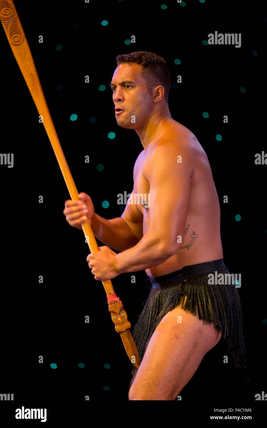 New Zealand, Auckland. Maori cultural dance demonstration. Male dancer