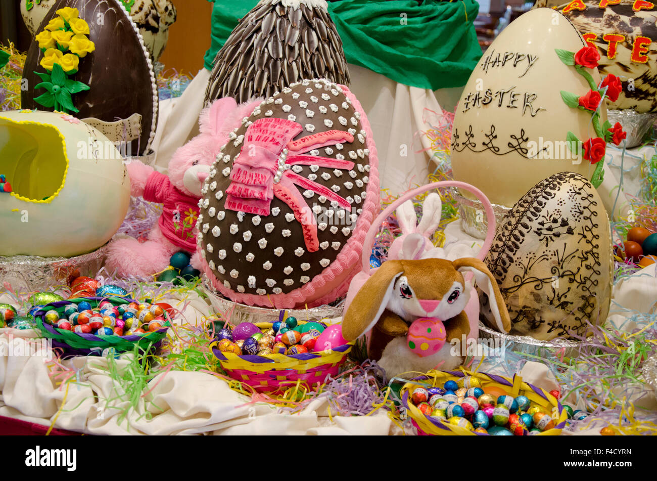 Australia. Easter display of decorated holiday chocolate eggs and