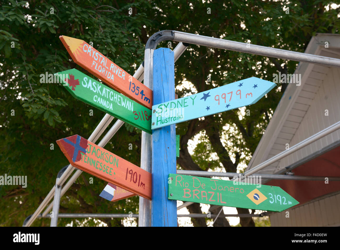 Caribbean, British Virgin Islands, Norman Island. Destination signs at the Pirates Bight Beach