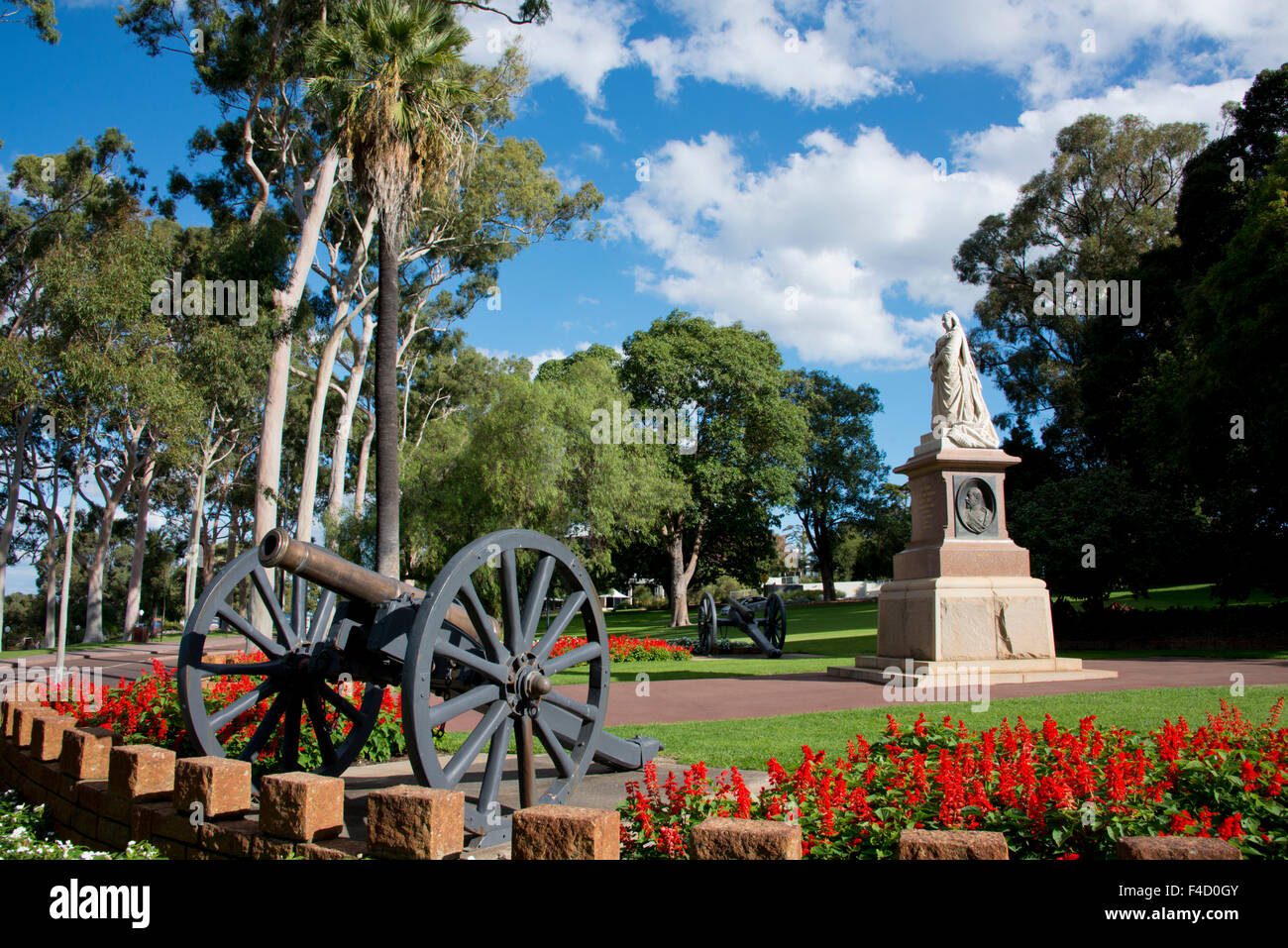 Australia, Perth. King's Park. Queen Victoria monument. Fraser Avenue, historic Lemon-scented gum tree lined road (Corymbia citriodora), planted in 1938. (Large format sizes available) Stock Photo
