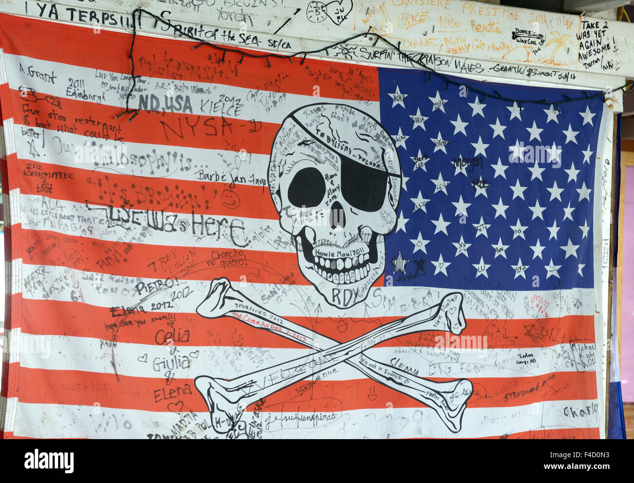 Caribbean, British Virgin Islands, Anegada. American flag with pirate