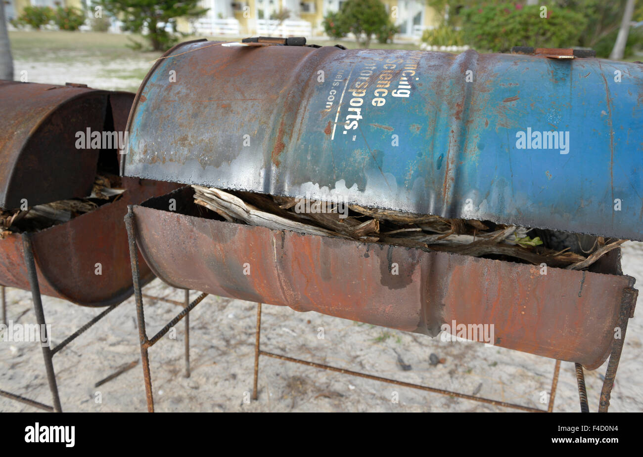 Caribbean, British Virgin Islands, Anegada. Oil drums used for the lobster BBQ at the Anegada