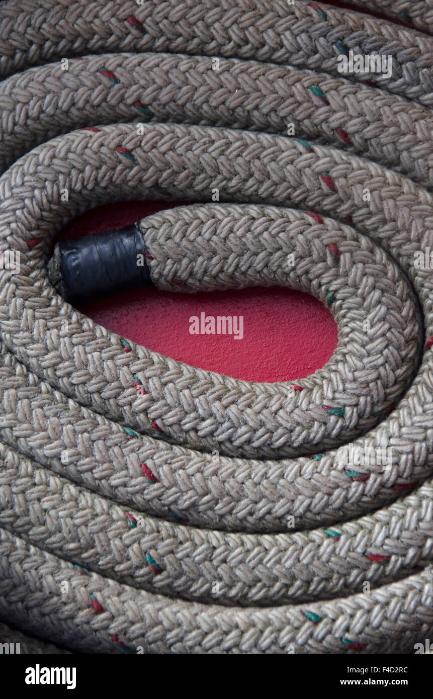 Coiled Rope on Deck of SV Maple Leaf, Gulf Islands, British Columbia, Canada. Stock Photo