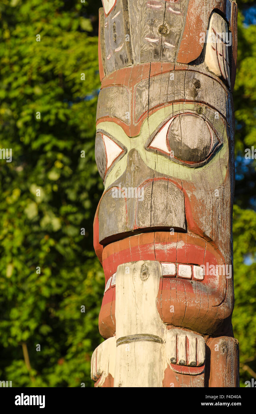 Chief's totem pole in Service Park, Prince Rupert, British Columbia, Canada. Stock Photo