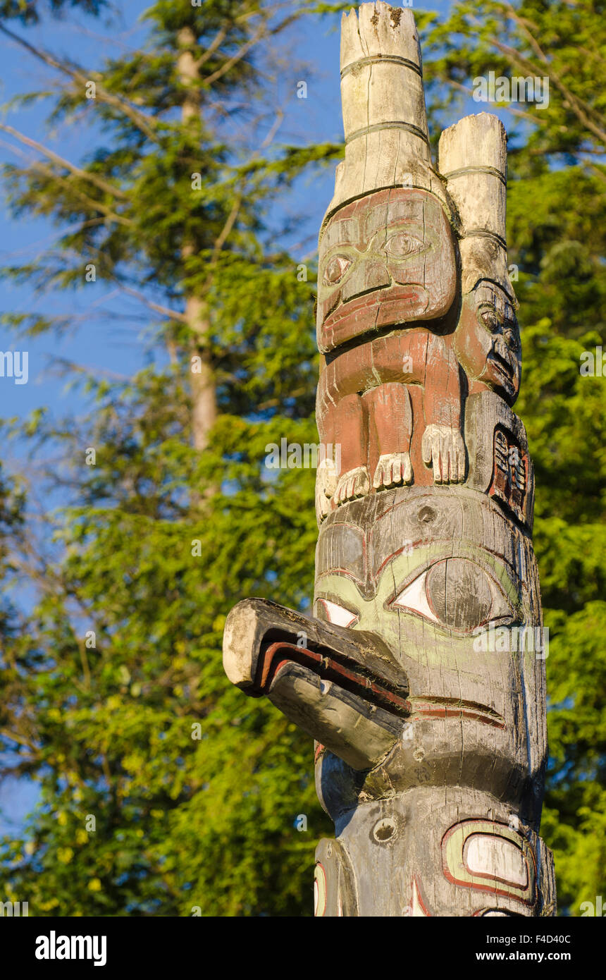 Chief's totem pole in Service Park, Prince Rupert, British Columbia, Canada. Stock Photo