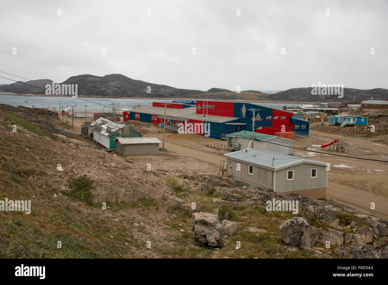 Canada, Nunavut, Qikiqtaaluk Region, Cape Dorset. 'Capital of Inuit Art,' Peter Pitseolak High School. (Large format sizes available) Stock Photo