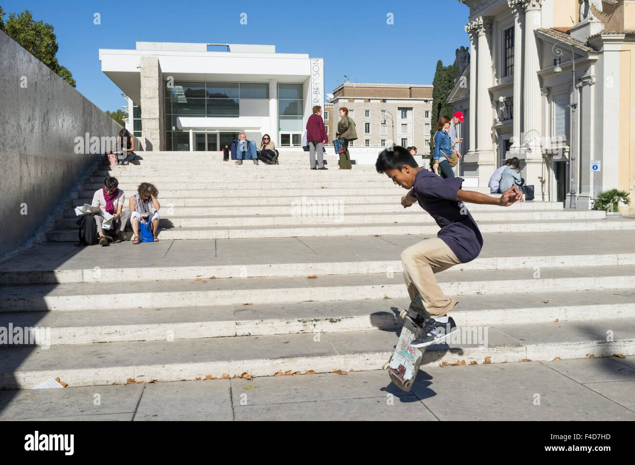 Skating outside the Ara Pacis Museum. Rome, Italy Stock Photo