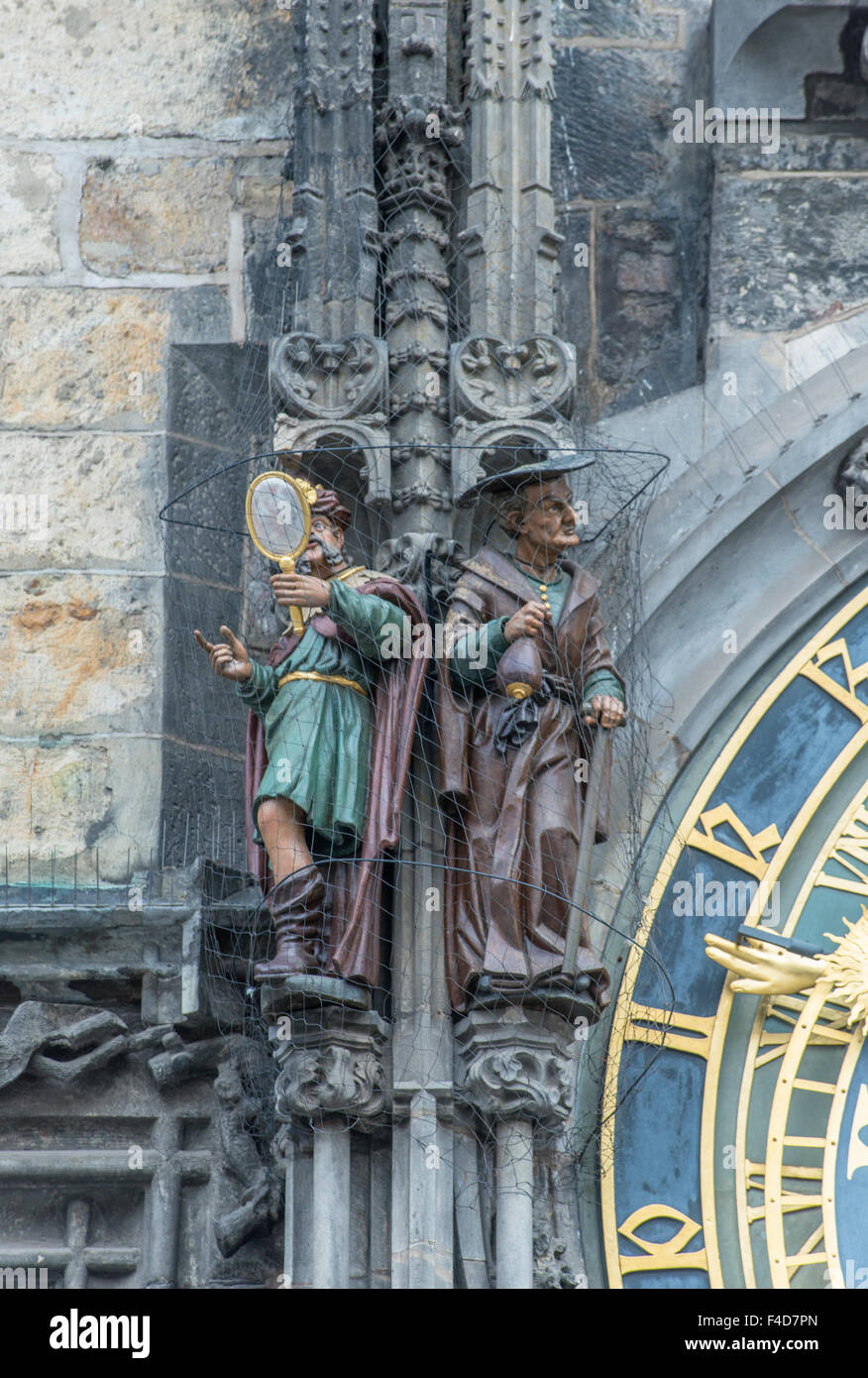 Europe, Czech Republic, Bohemia, Prague, Astronomical Clock, Vanity and Greed Statues depicted fears of medieval Prague citizens (Large format sizes available). Stock Photo