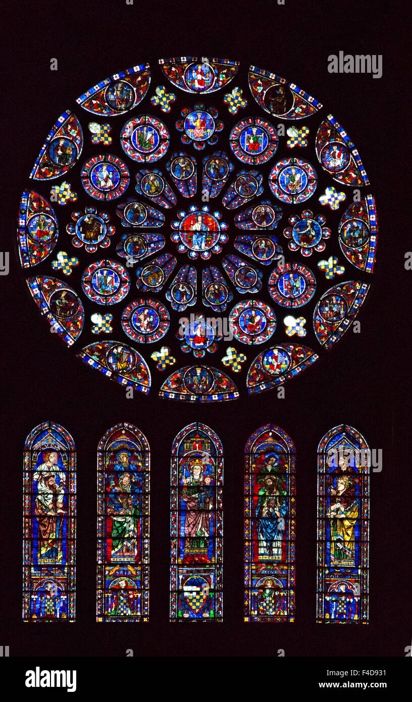 Europe, France, Chartres. South transept rose window in the Cathedral of Chartres. Stock Photo