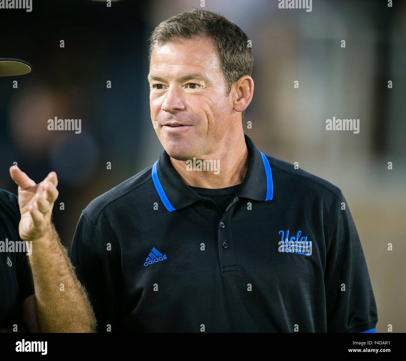 Palo Alto, CA. 15th Oct, 2015. UCLA Bruins head coach Jim Mora prior to