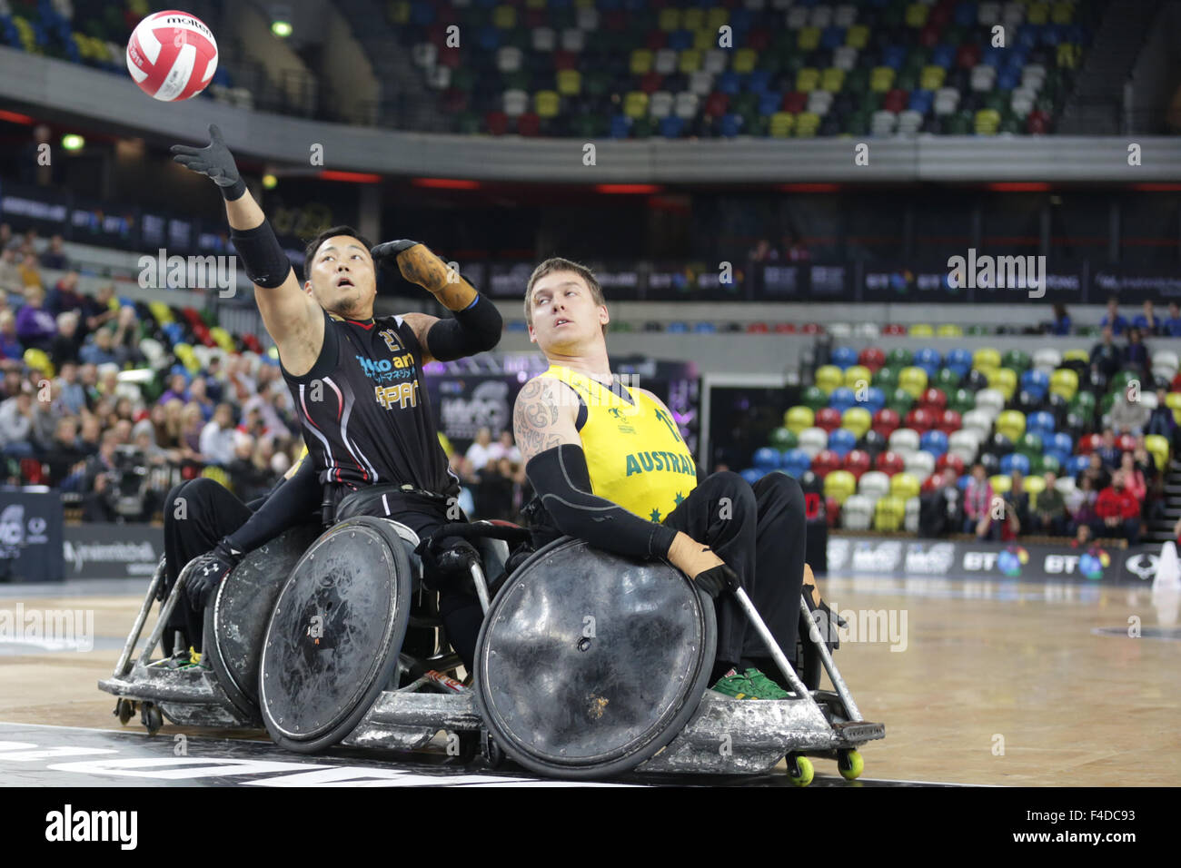 London, UK. 16th October, 2015. World Wheelchair Rugby Challenge Team Aus beat Japan 60-55 to win Bronze medal. Copperbox, Olympic Park, London, UK. Japan's Yukinobu catches the ball.16th October, 2015. copyright carol moir/Alamy Live News Stock Photo
