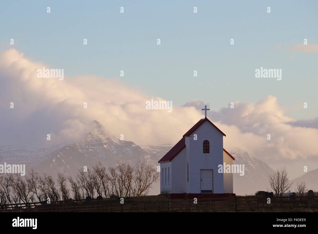 Iceland, Hofn. Church atop hill. Credit as: Josh Anon / Jaynes Gallery / DanitaDelimont.com Stock Photo