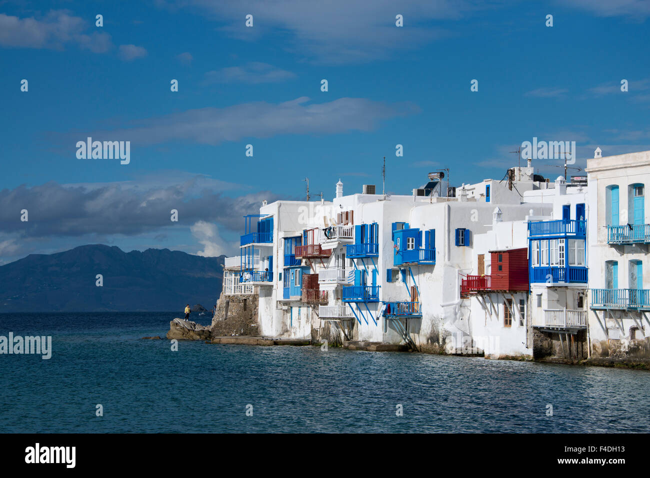 Greece, Cyclades, Mykonos, Hora. Little Venice area with its colorful houses along the Aegean Sea. (Large format sizes available). Stock Photo
