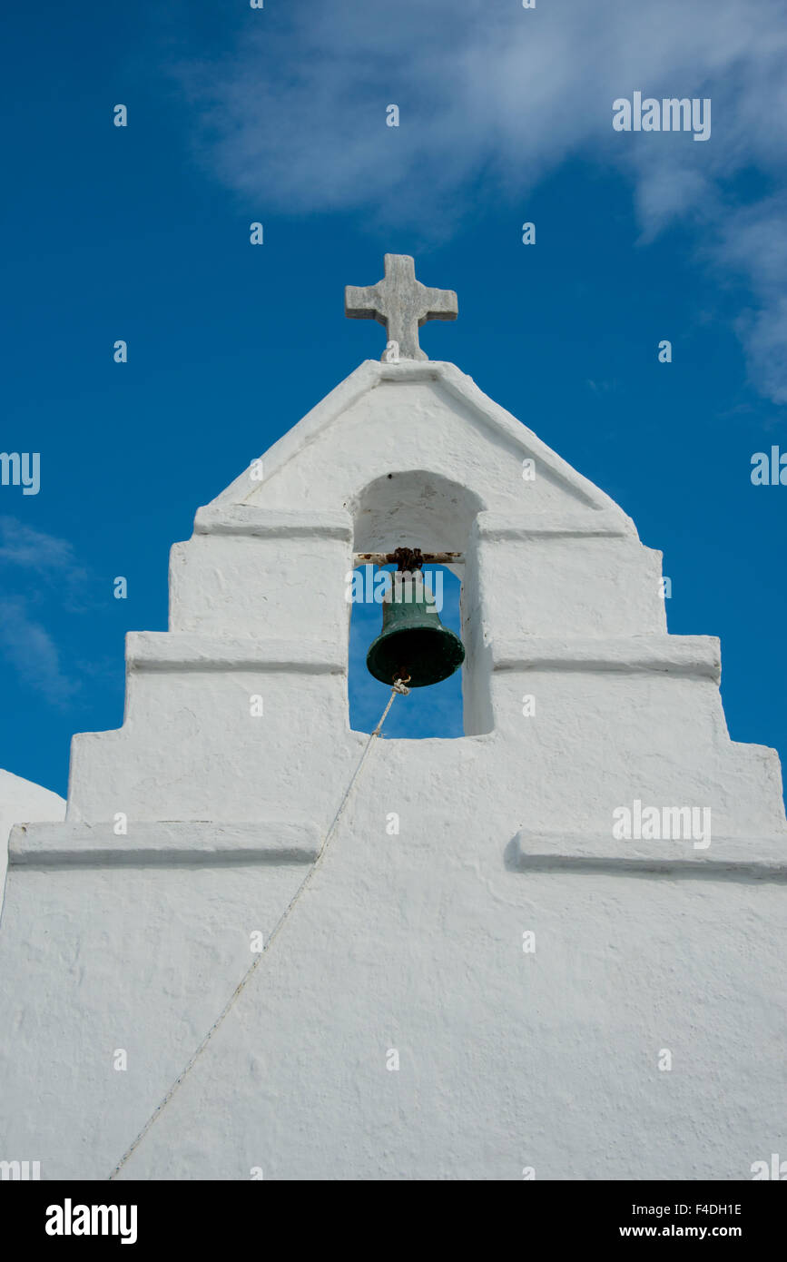 Greece, Cyclades, Mykonos, Hora. Typical whitewashed church rooftop with bell tower showing traditional Cycladic architecture. (Large format sizes available). Stock Photo