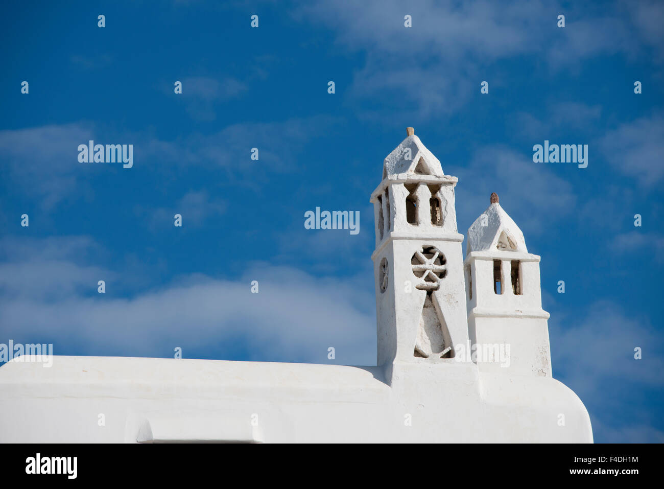 Greece, Cyclades, Mykonos, Hora. Typical whitewashed rooftop showing traditional Cycladic architecture. (Large format sizes available). Stock Photo