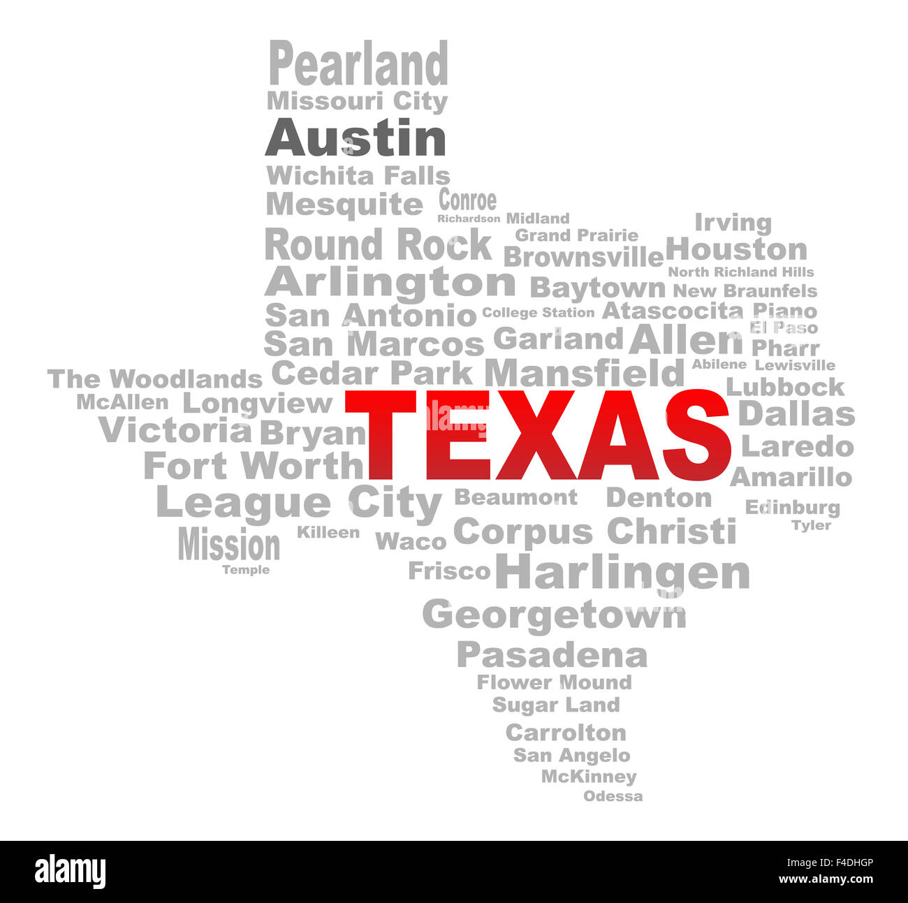 A Texas mapt shape with the text TEXAS and the names of the major texas cities over a white background Stock Photo