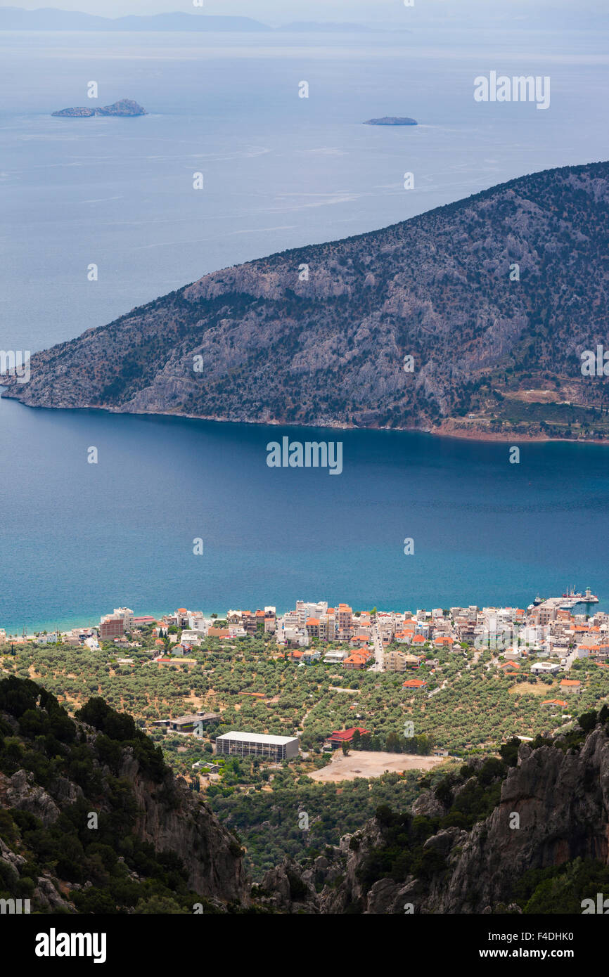 Central Greece, Antikira, elevated view of the Antikira Gulf and the town of Antikira Stock Photo