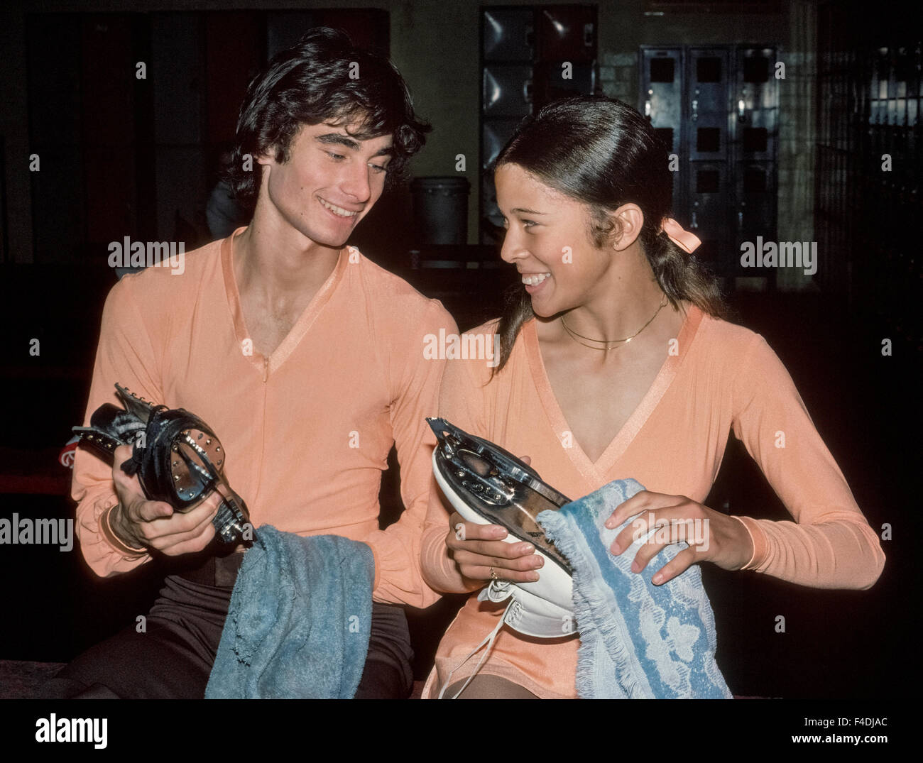 American Teenagers Randy Gardner 19 And Tai Babilonia 18 Wipe Off Their Ice Skates After Practicing Their Pair Skating Routines In 1977 At A Rink In Southern California Usa They Won A