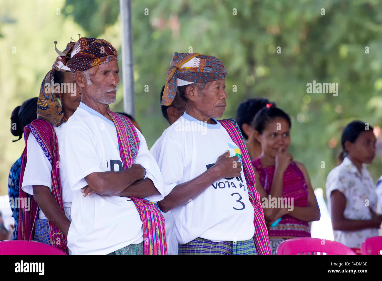 Liquica, East Timor  - June 25, 2012: Traditional leaders in East Timor attending a political campaign event in 2012 elections Stock Photo