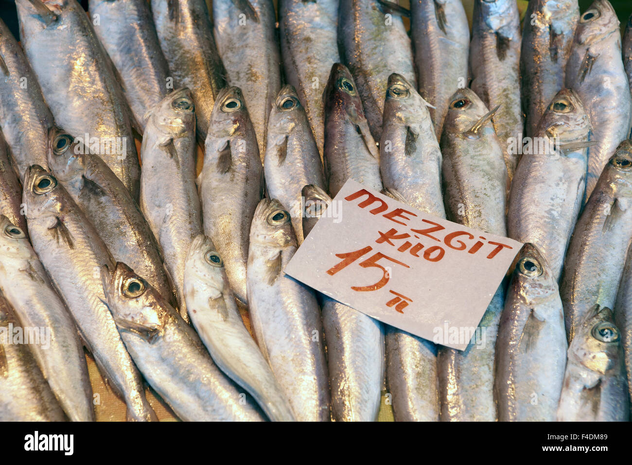 Eastern bazaar - fresh fish Image of large pile of fresh fish with price tag on it Stock Photo