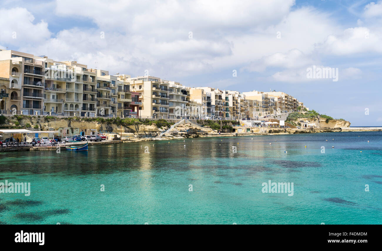 The island of Gozo in the Maltese archipelago. The former fishing village Marsalforn with modern hotel buildings. Europe, Southern Europe, Malta. (Large format sizes available) Stock Photo