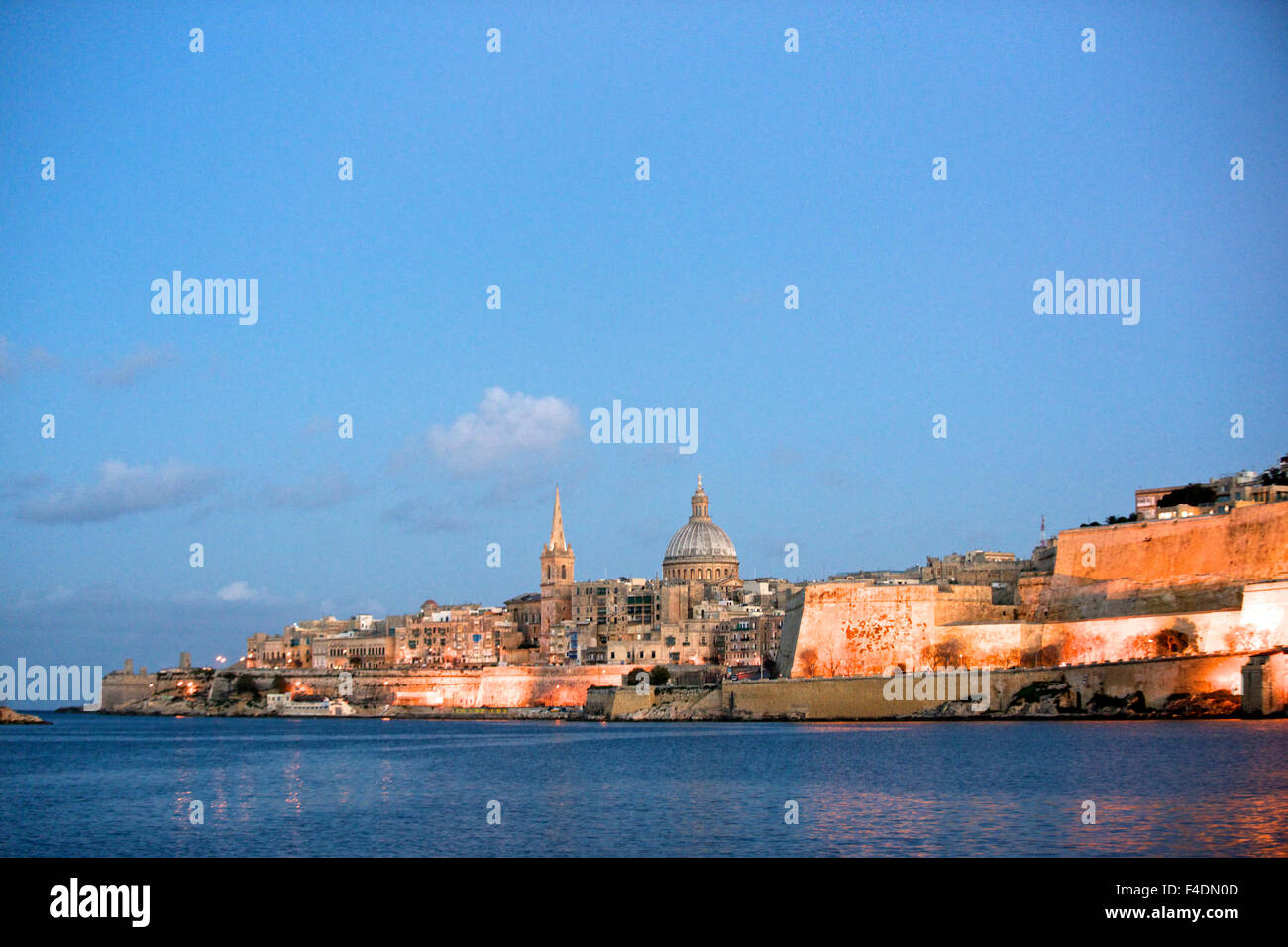 Valletta, Malta, skyline with the dome of the Carmelite Sisters church, St. Paul's Anglican Cathedral spire, and St. Andrew's Bastion (Large format sizes available). Stock Photo