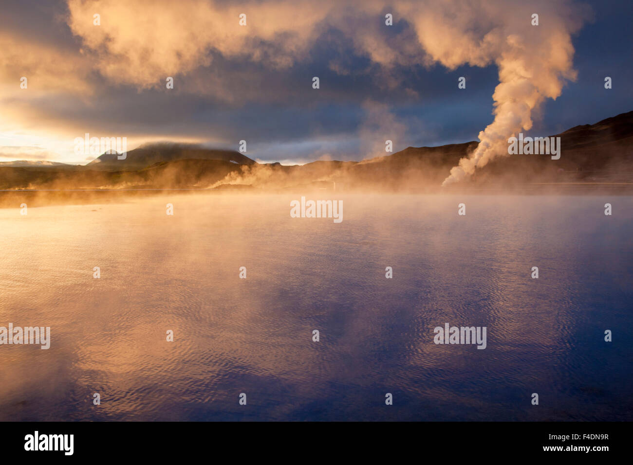 Sunset light on the streaming geothermal vents at Bjarnarflag, Myvatn, Nordhurland Eystra, Iceland. Stock Photo