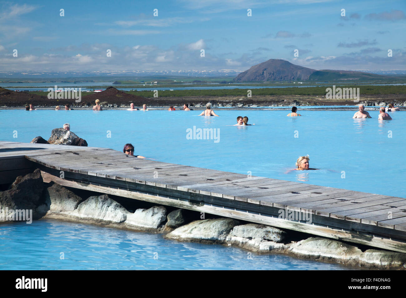 Swimmers at Myvatn Nature Baths, Myvatn, Nordhurland Eystra, Iceland. Stock Photo