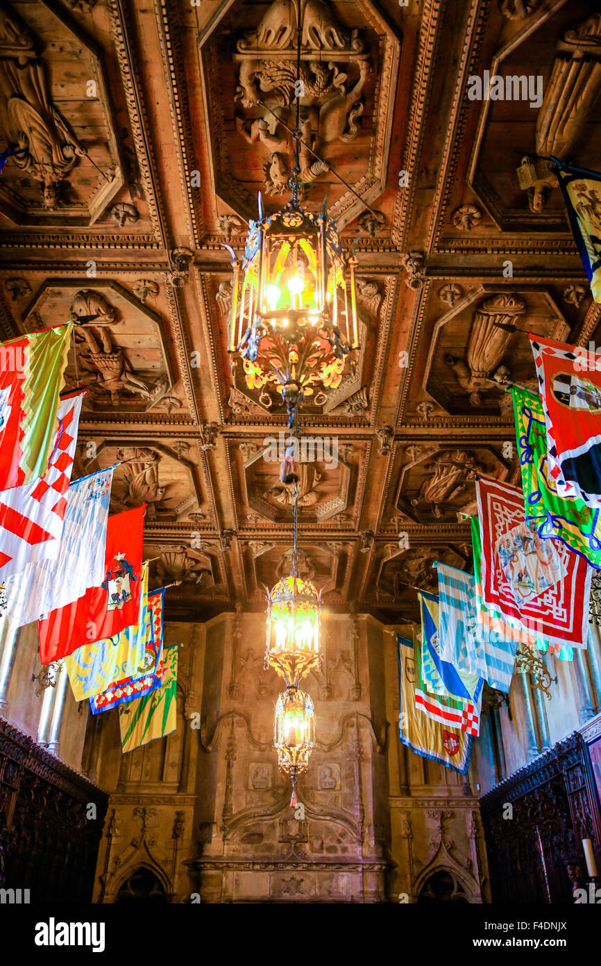The Dining Room ceiling inside the Hearst Castle, built to resemble Windsor Castle with the heraldic flags Stock Photo
