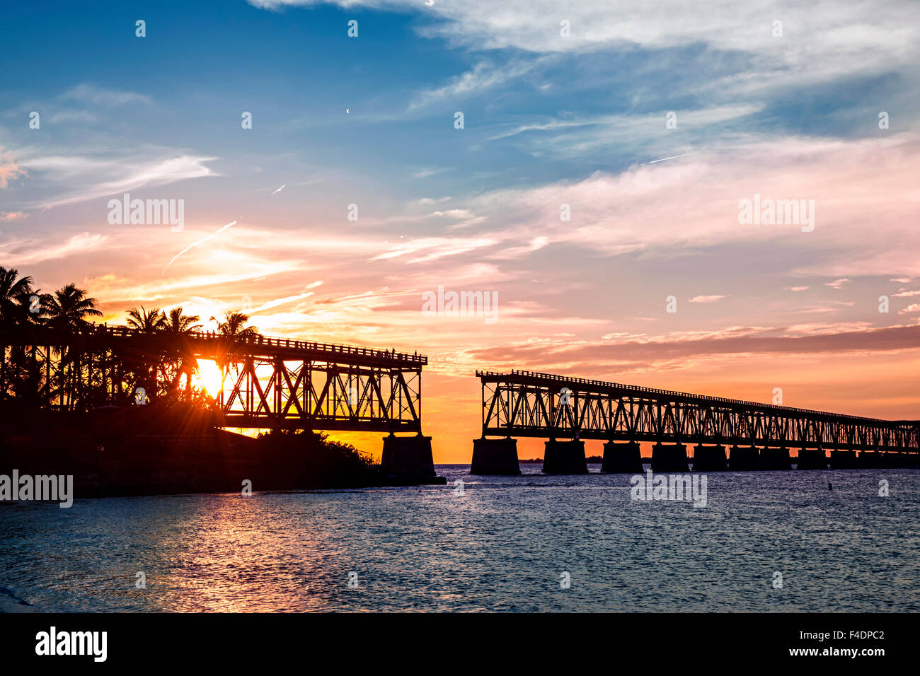 Sunset view of historic Rail Bridge at Bahia Honda state park in Florida Keys, USA. Stock Photo