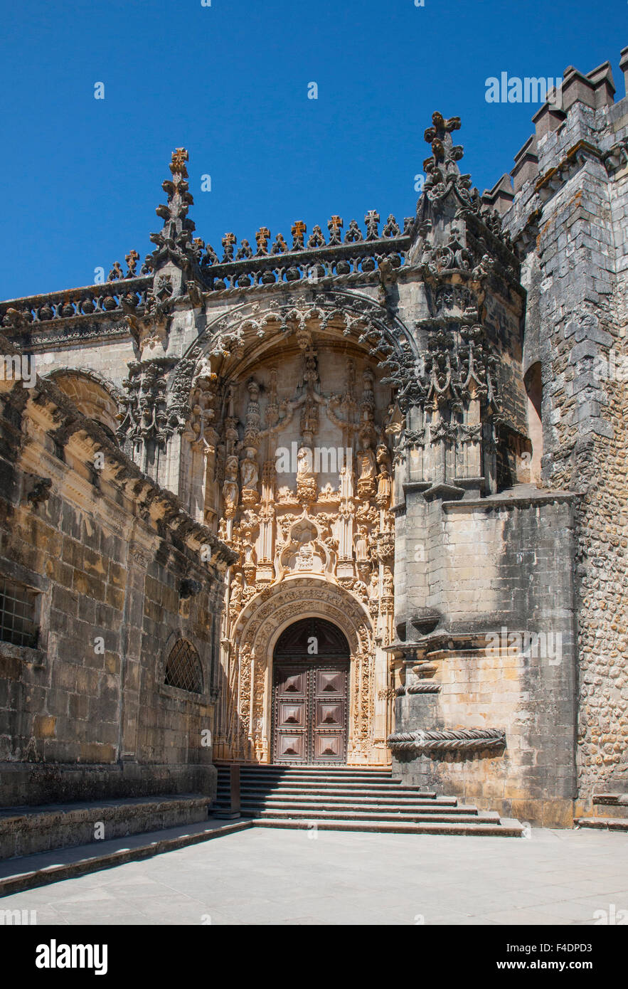 This is the entrance to the ornate monastery of Convento de Cristo located in Tomar, Portugal Stock Photo