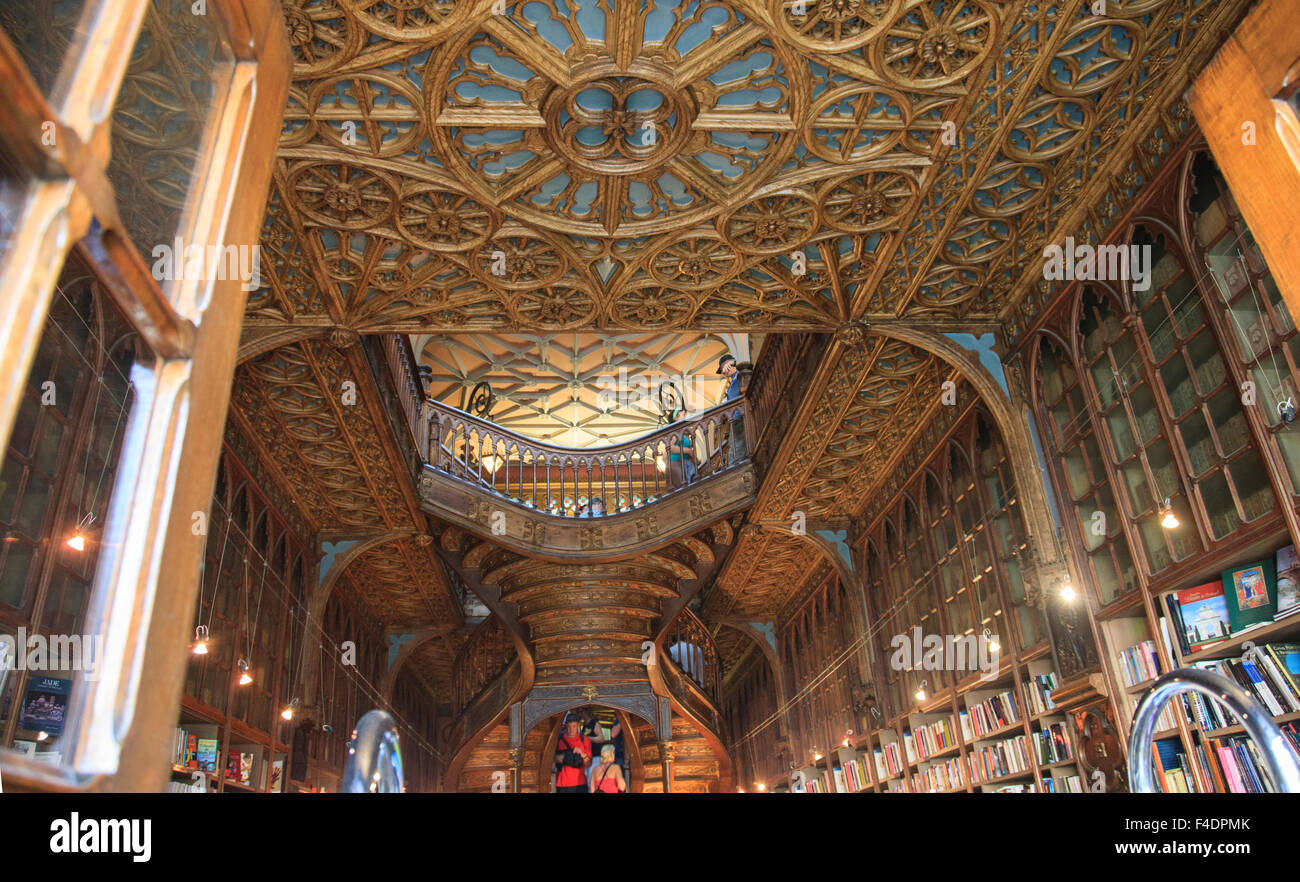 The interior of the main floor of the Lello and Irmao bookstore in Oporto, Portugal where JK Rowling wrote the Harry Potter series. Stock Photo