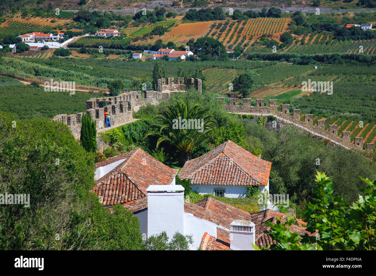 View of section of walled city of Obidos from Pousada do Castelo. Stock Photo