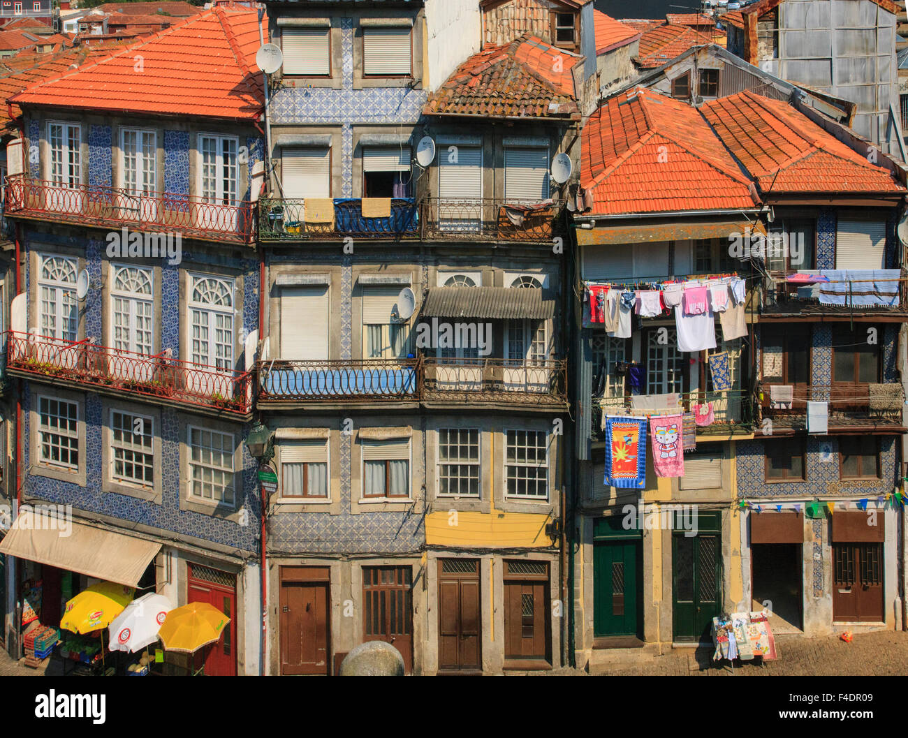 Shot from the Cathedral plaza, a close-up view of the Ribeira section of Oporto Stock Photo