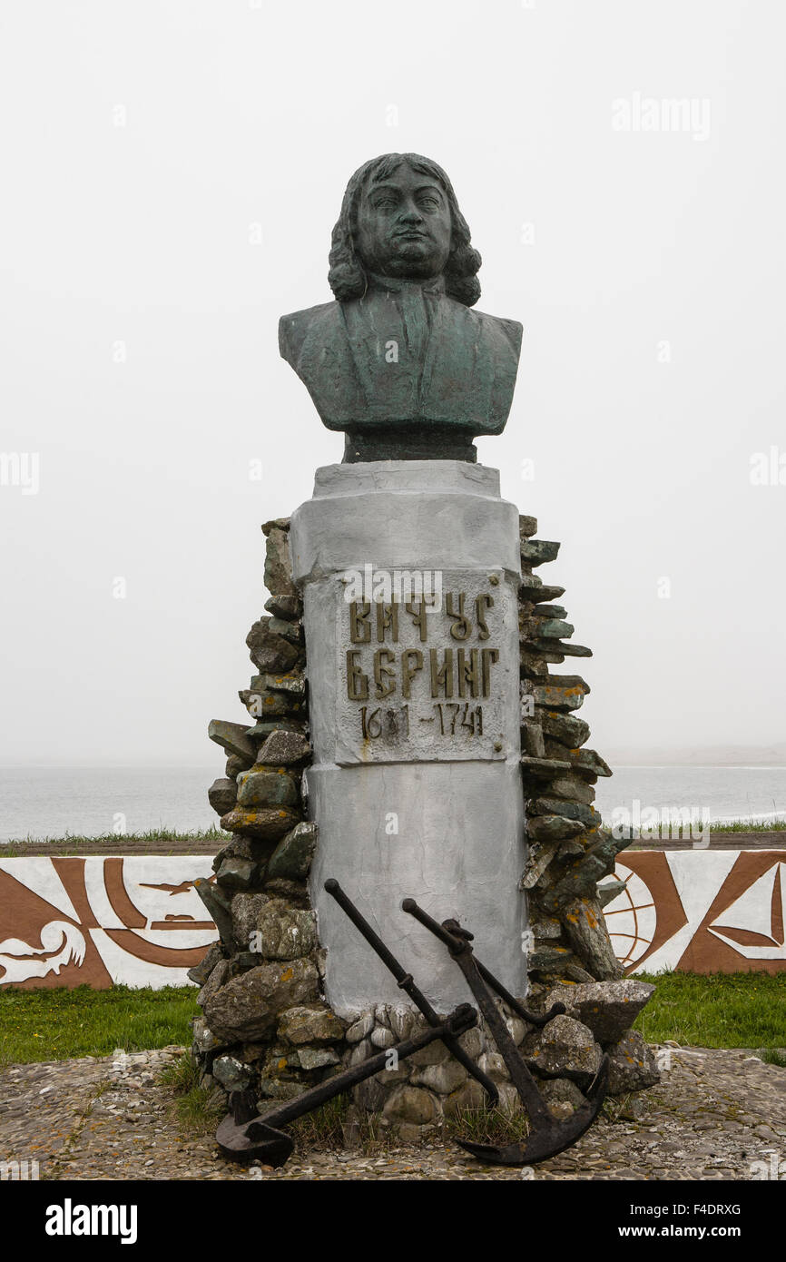 Russia, Commander Islands, Bering Island, Nikolskoye Village, Vitus Bering Monument Stock Photo