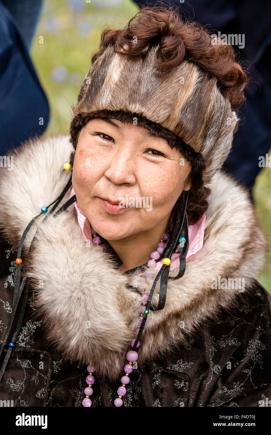 Russia, Chukotka, Yanrakynnot, Close-up portrait of Chukchi woman ...